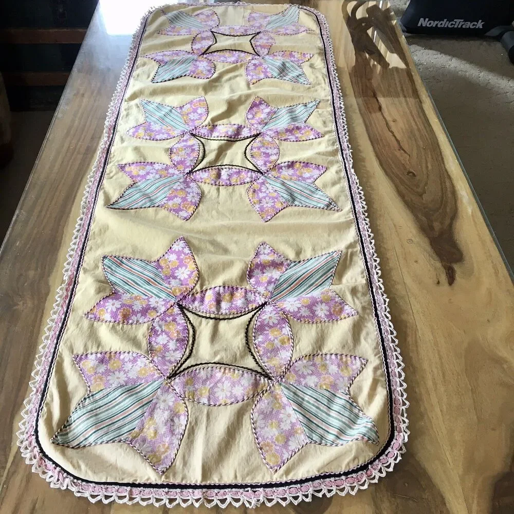 Appliqué Antique Dresser Scarf/Table Runner large yellow  Homemade